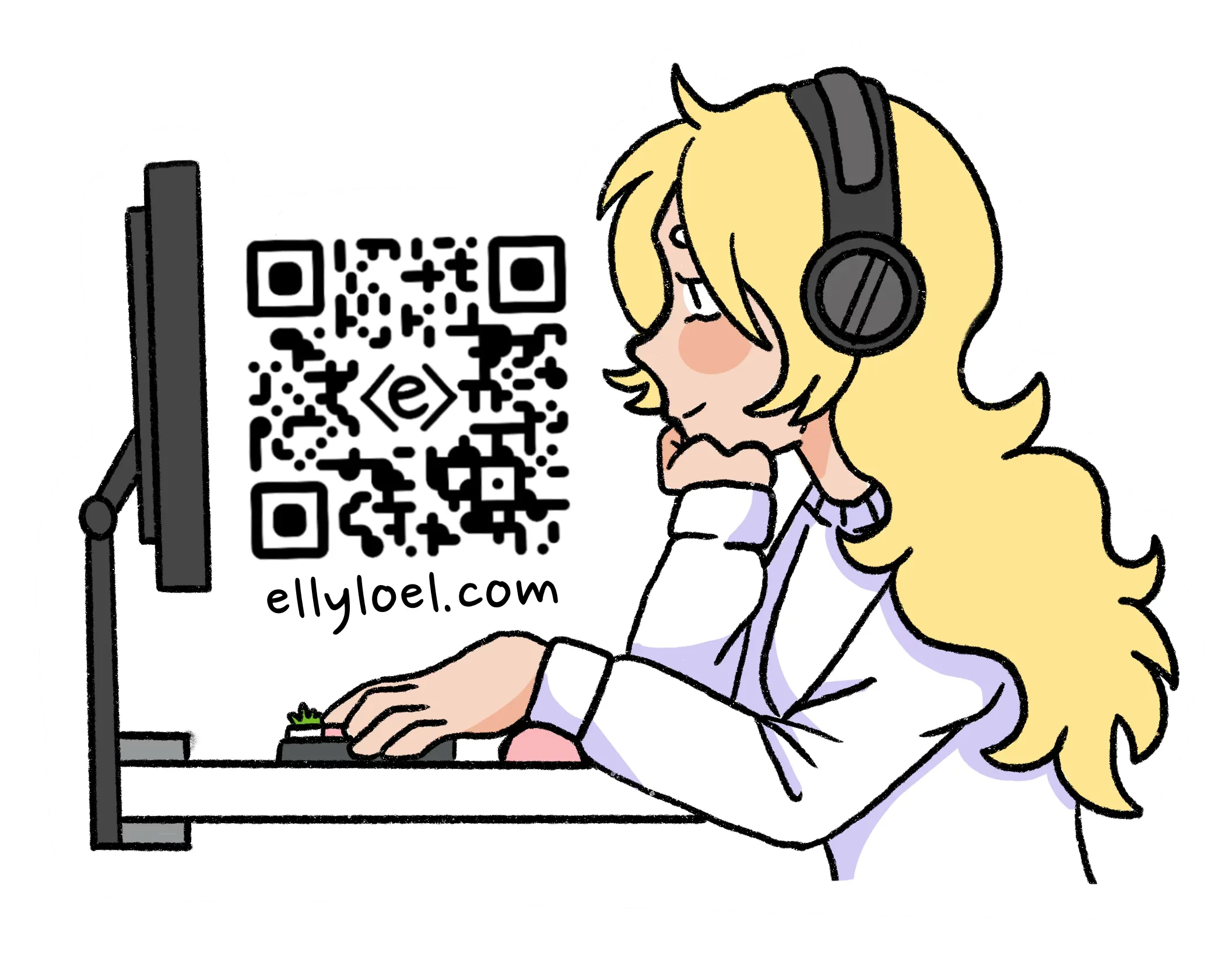A digital drawing of me side on with headphones on sitting at my desk in front of a keyboard and monitor. In between my head and the monitor is a QR code and below that text that reads: "ellyloel.com".