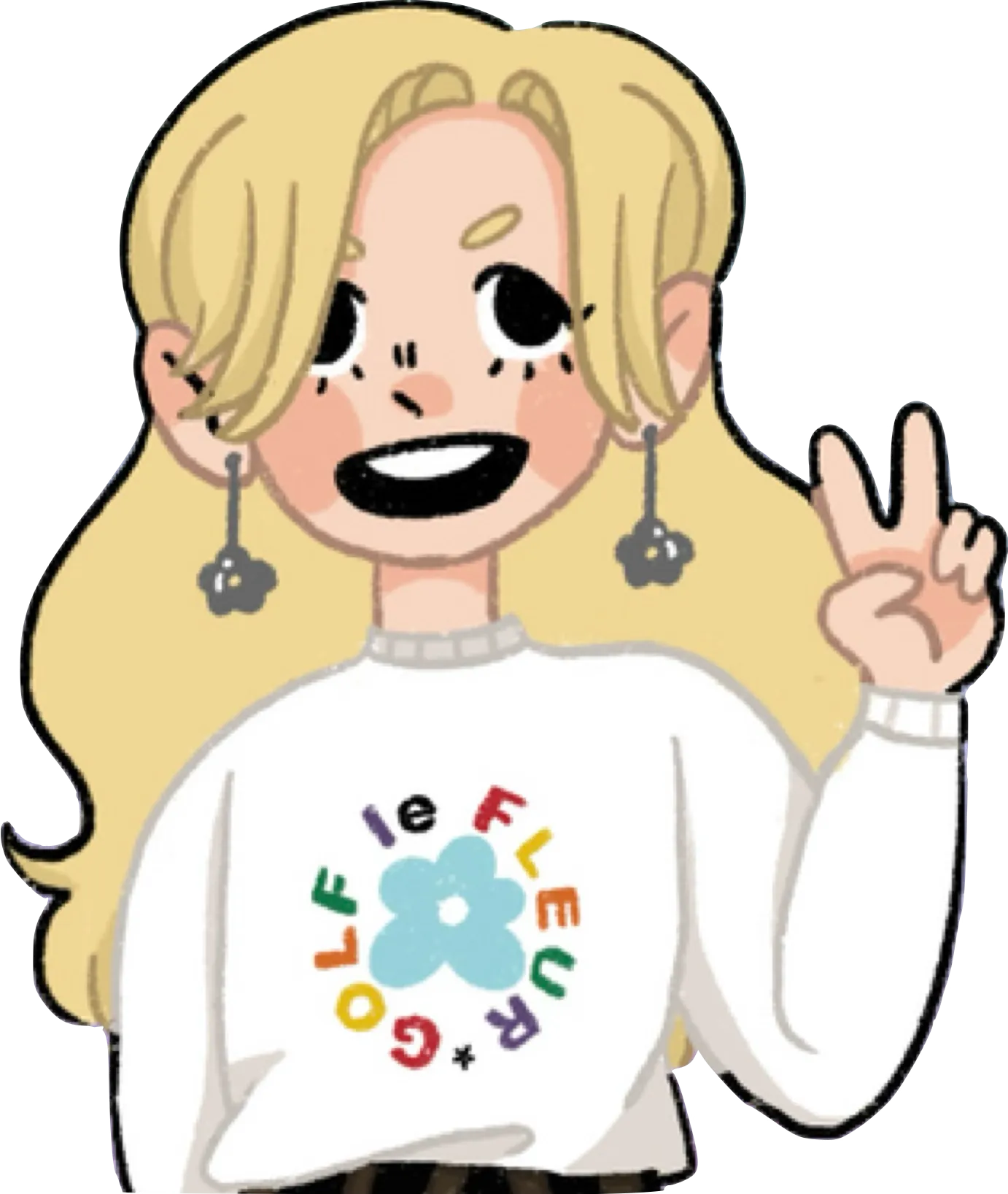 A digital drawing of me smiling and holding up a peace sign with my hands, wearing a white "Golf le Fleur" jumper.
