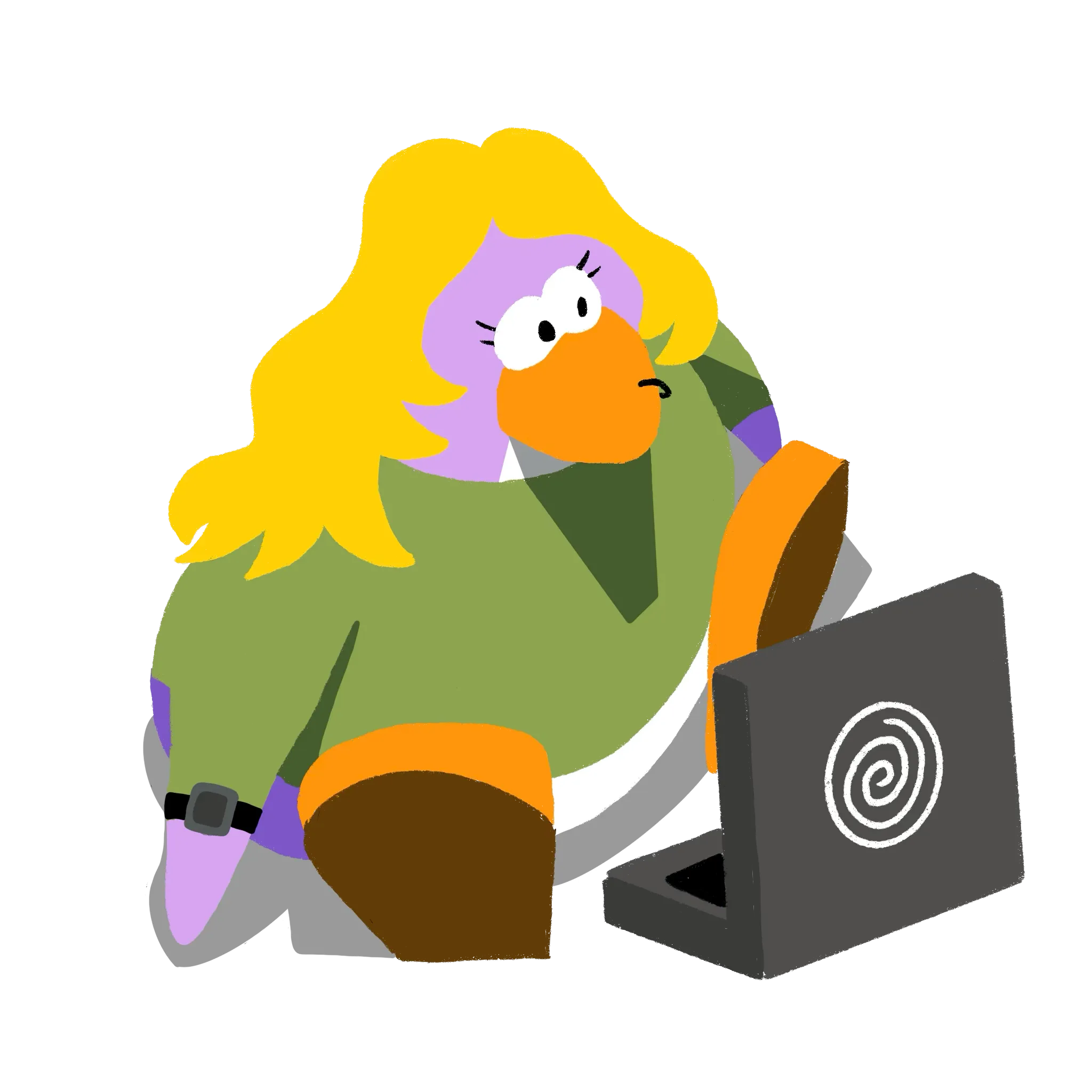 A digital drawing of me in the style of a Club Penguin character sitting on the ground in front of a laptop.